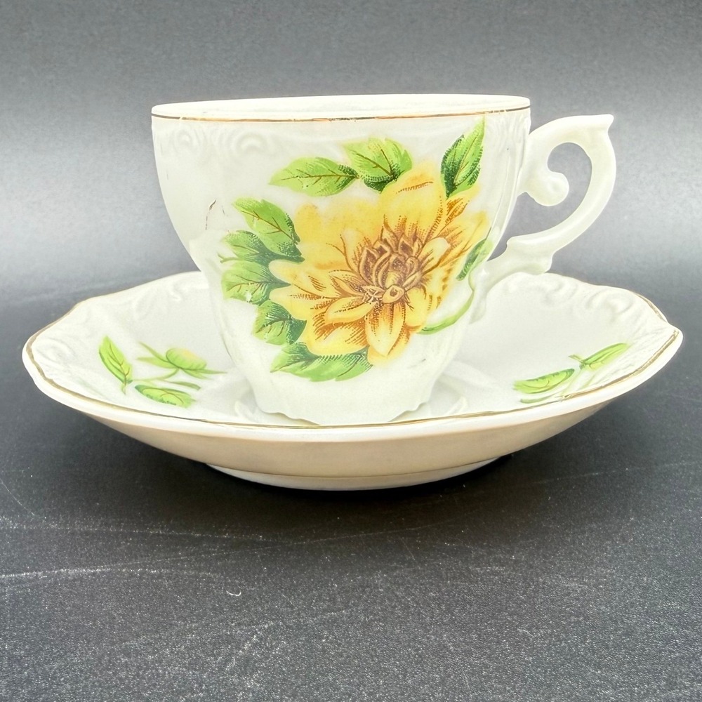 Vintage Tea Cup and Saucer Set Yellow Floral Porcelain Made Japan‎ Chrysanthemum